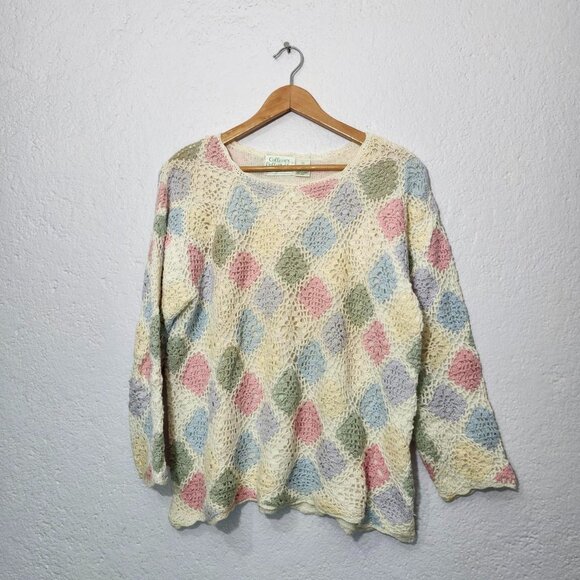Vintage Pastel Argyle  Knit Sweater Long Sleeve Cottagecore Boho Retro - Picture 1 of 4